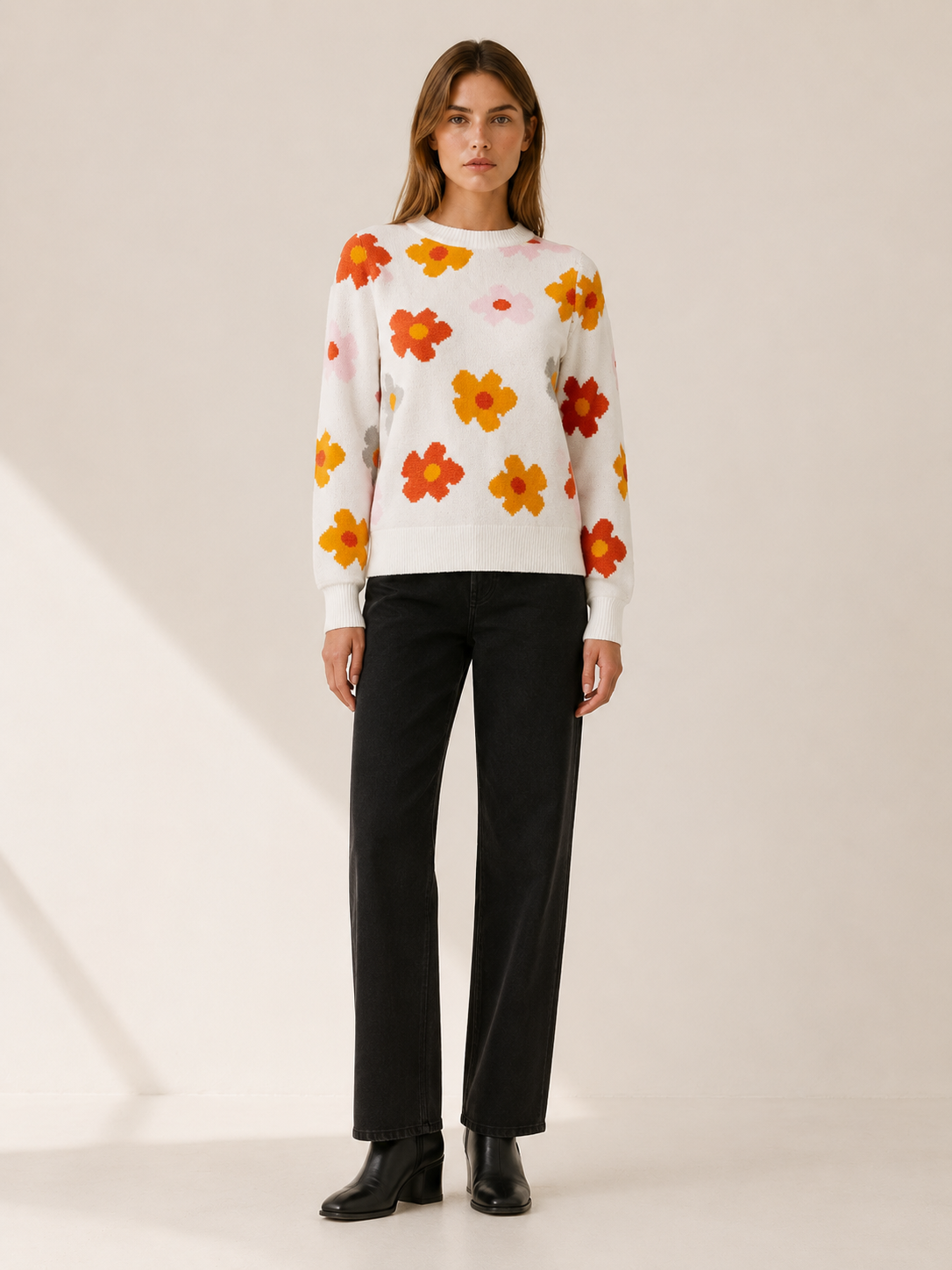 Zephrelia | Knit Sweater with Floral Motif and Round Neck
