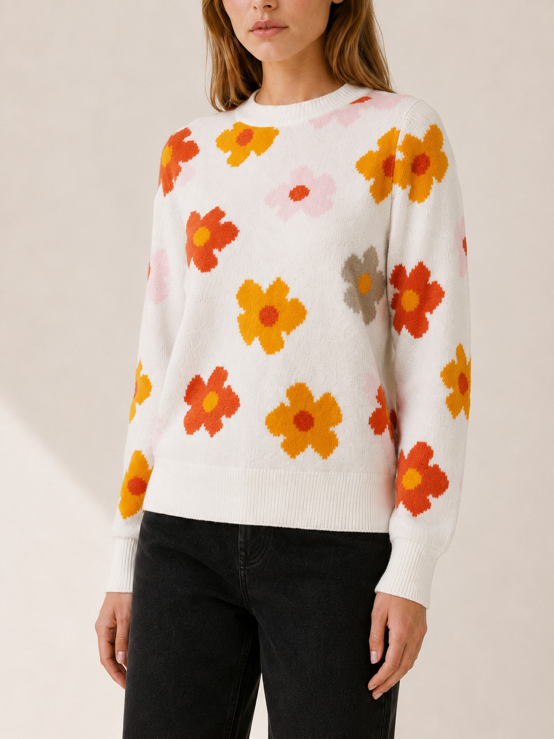 Zephrelia | Knit Sweater with Floral Motif and Round Neck