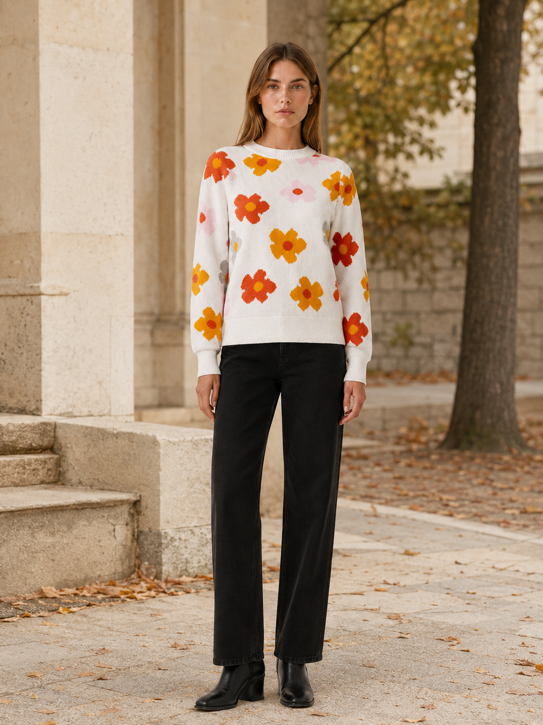 Zephrelia | Knit Sweater with Floral Motif and Round Neck
