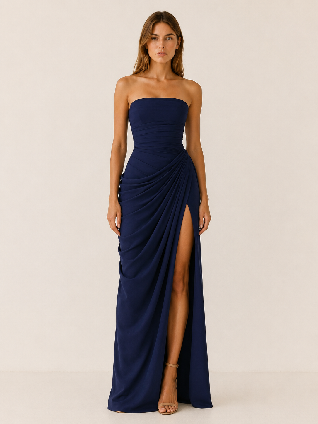 Zevina | Strapless Maxi Dress with Ruched Detail and Side Slit