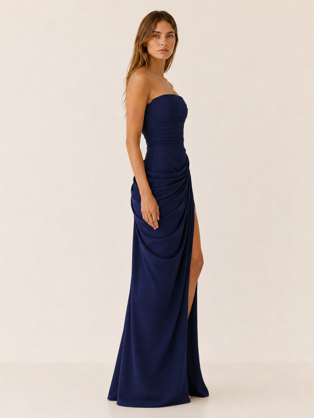 Zevina | Strapless Maxi Dress with Ruched Detail and Side Slit