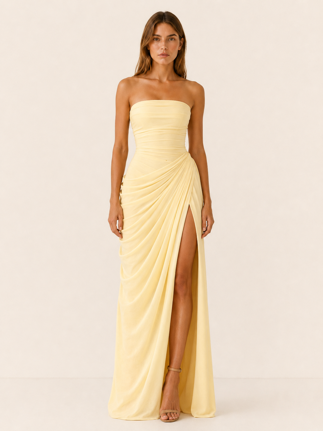 Zevina | Strapless Maxi Dress with Ruched Detail and Side Slit