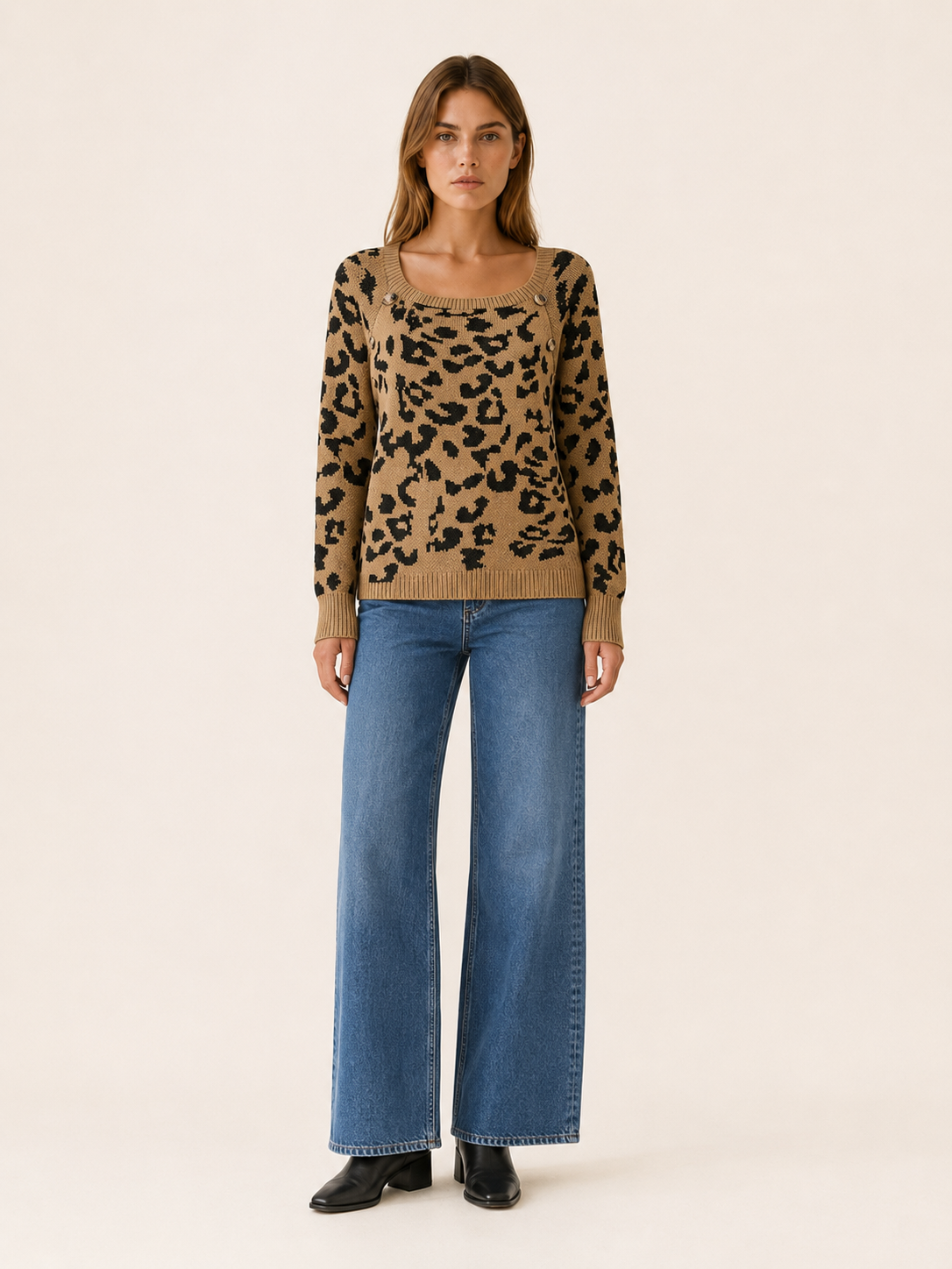 Zevrienne | Square Neck Sweater with Leopard Print and Button Detail