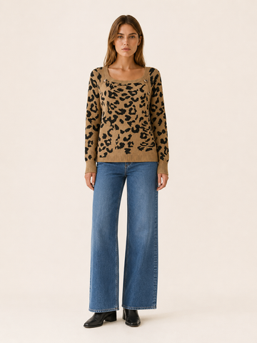 Zevrienne | Square Neck Sweater with Leopard Print and Button Detail