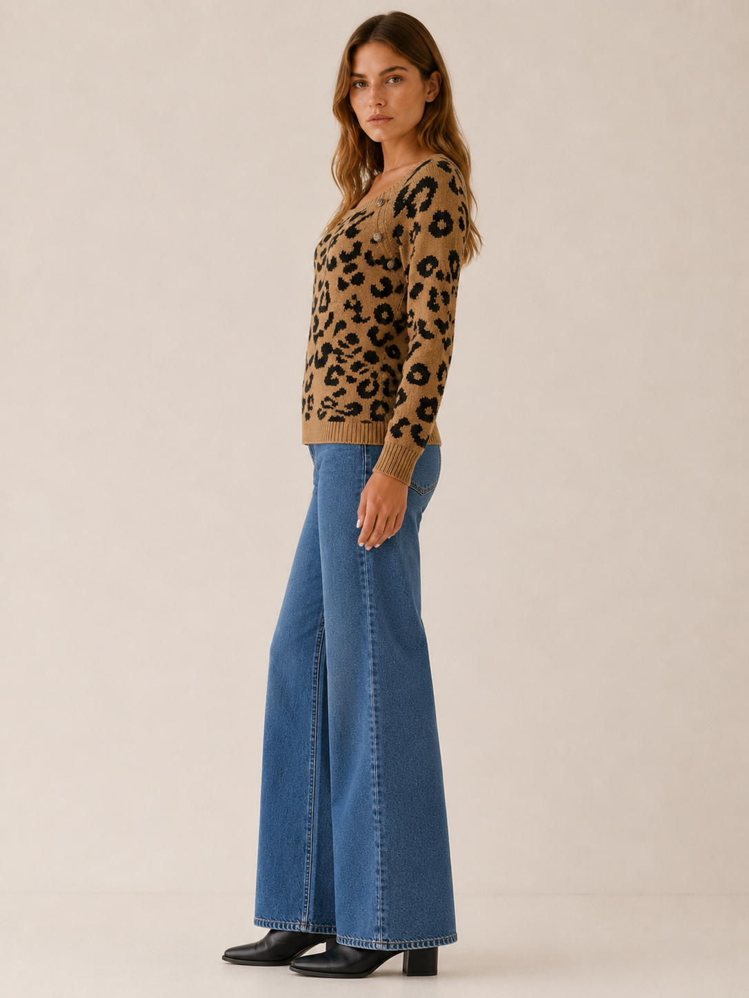 Zevrienne | Square Neck Sweater with Leopard Print and Button Detail