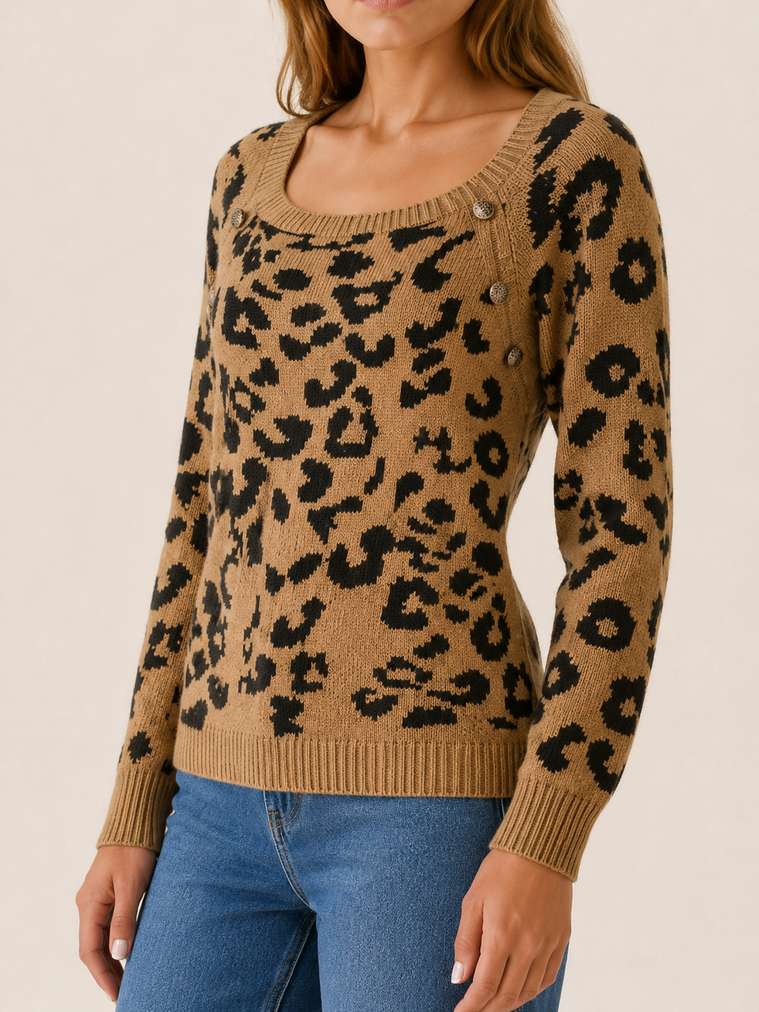 Zevrienne | Square Neck Sweater with Leopard Print and Button Detail