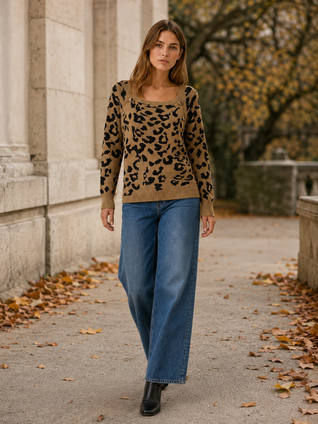 Zevrienne | Square Neck Sweater with Leopard Print and Button Detail