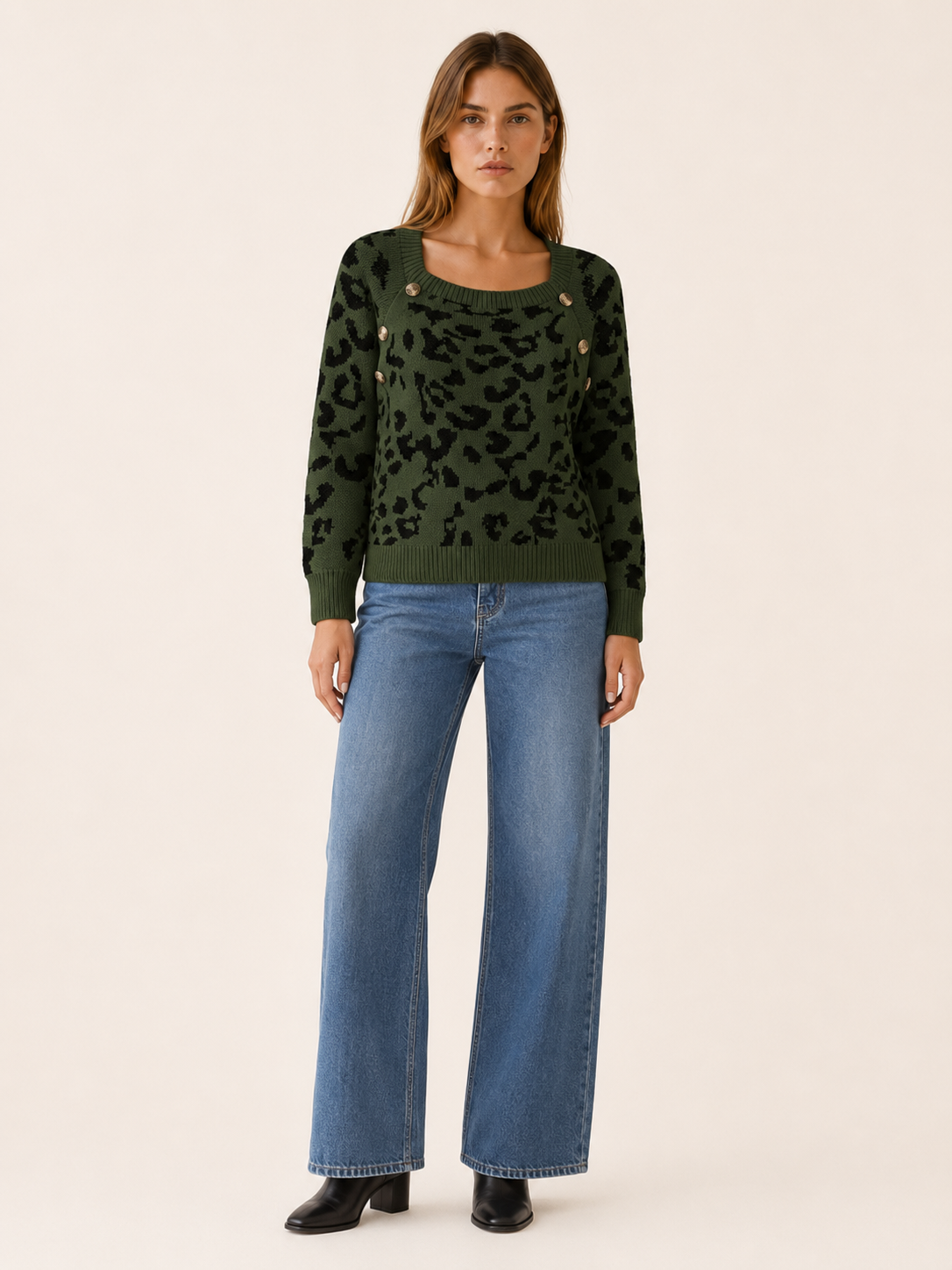 Zevrienne | Square Neck Sweater with Leopard Print and Button Detail