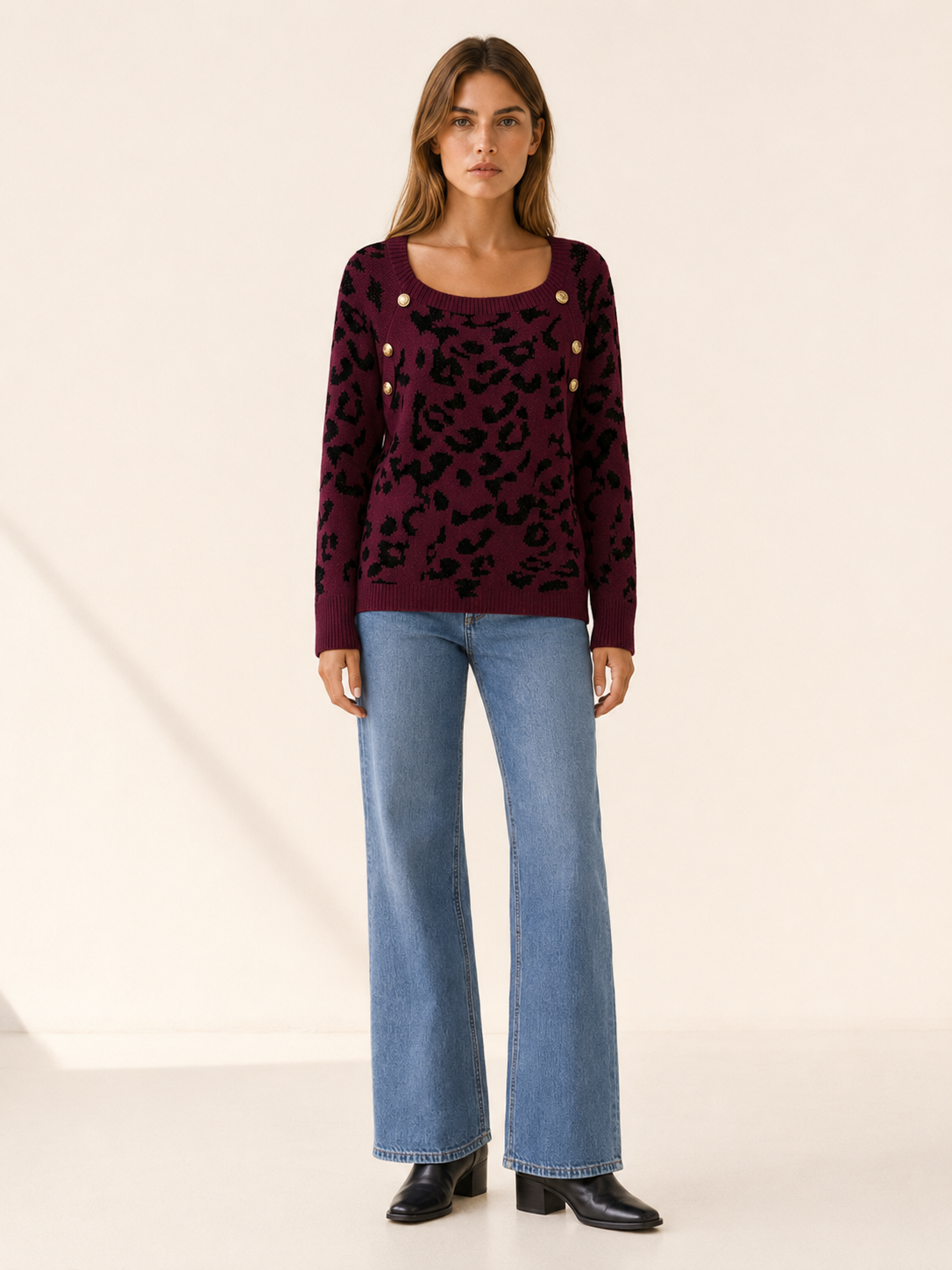 Zevrienne | Square Neck Sweater with Leopard Print and Button Detail