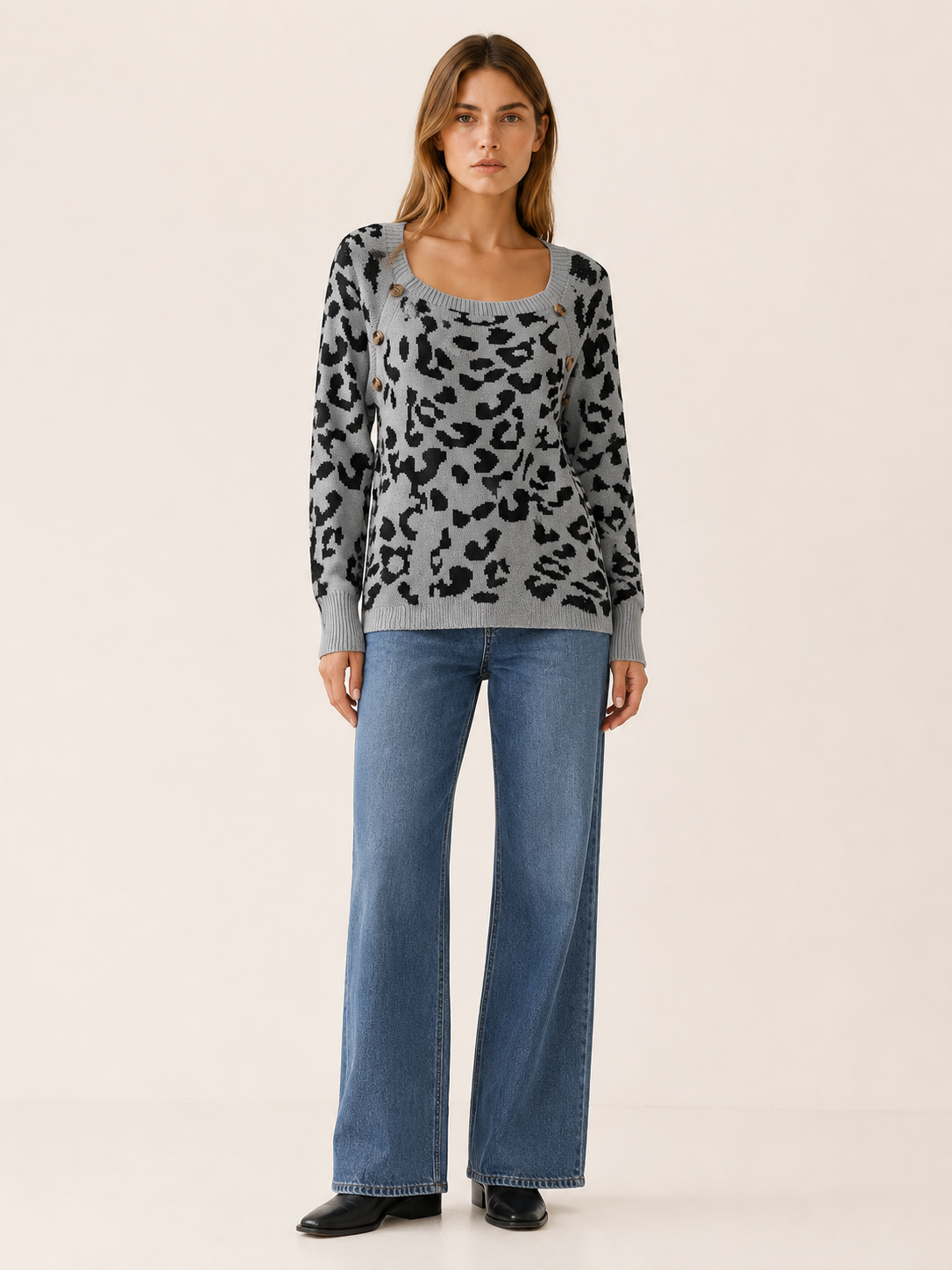 Zevrienne | Square Neck Sweater with Leopard Print and Button Detail