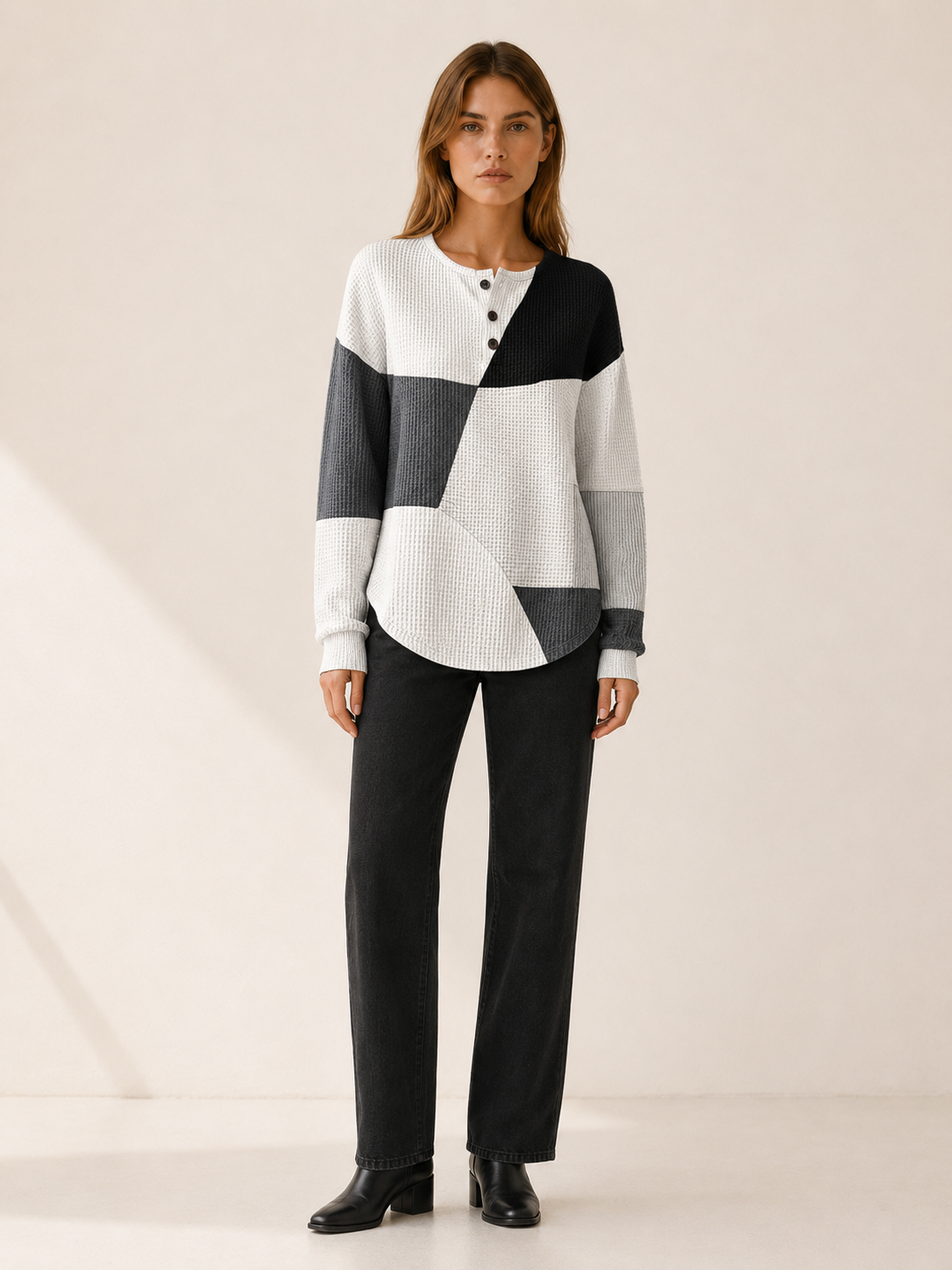 Zoravelle | Women's Panelled Button Neck Jumper