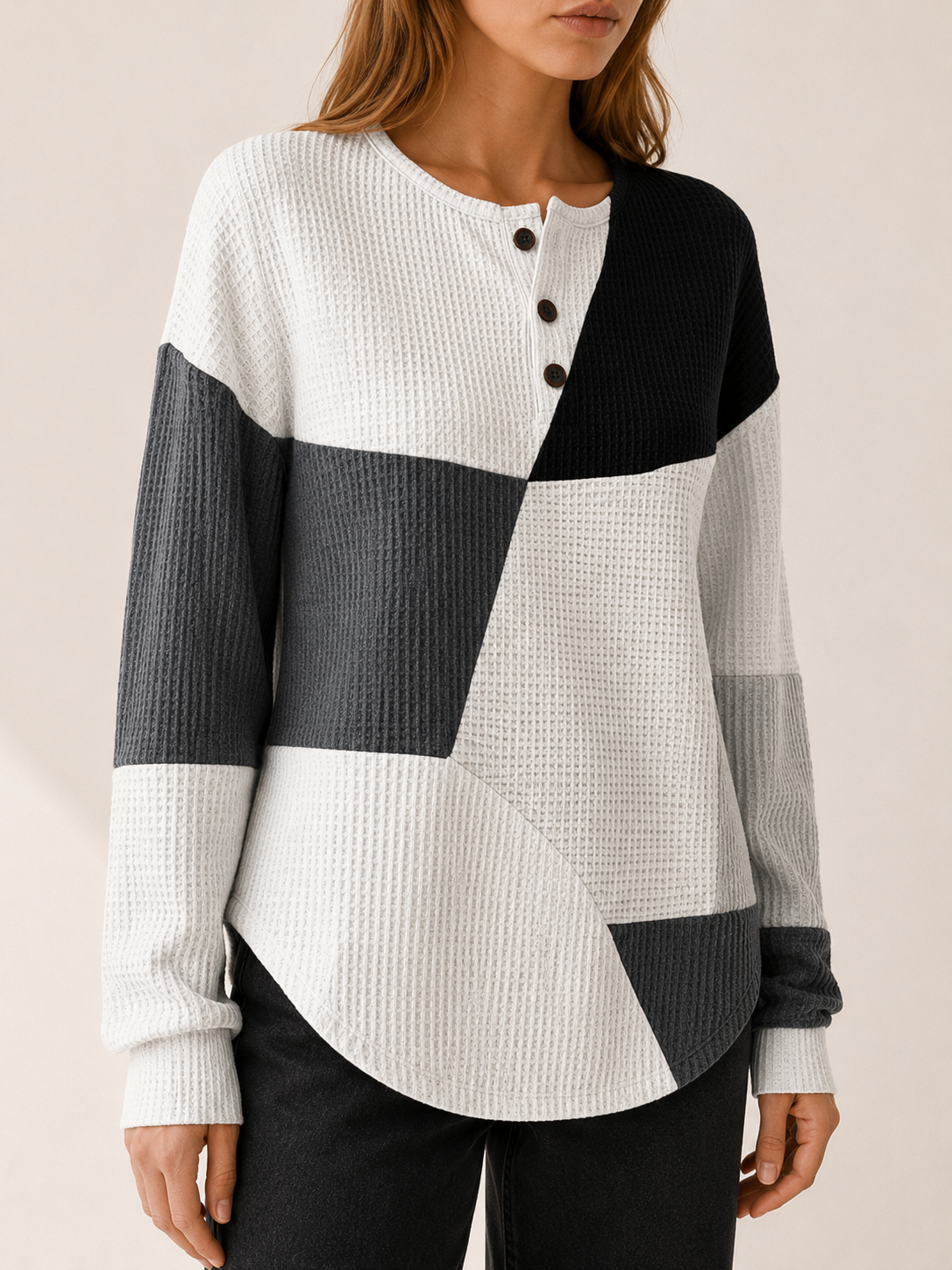 Zoravelle | Women's Panelled Button Neck Jumper
