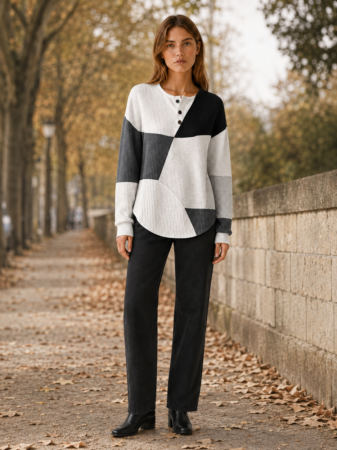 Zoravelle | Women's Panelled Button Neck Jumper